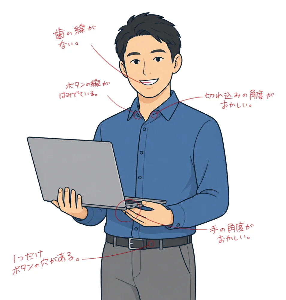 AIが生成した画像に、描き手が朱書きで破綻箇所を指摘したもの